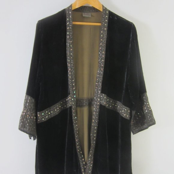 Exotic Brand Womens Large Navy Blue Brown Velvet Tunic Shirt Sequins Silk L - Picture 1 of 12